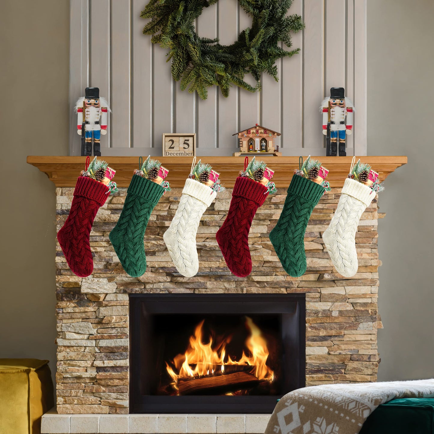 Kunyida 18 Inches Burgundy, Ivory, Green Knitted Christmas Stockings,6 Pack