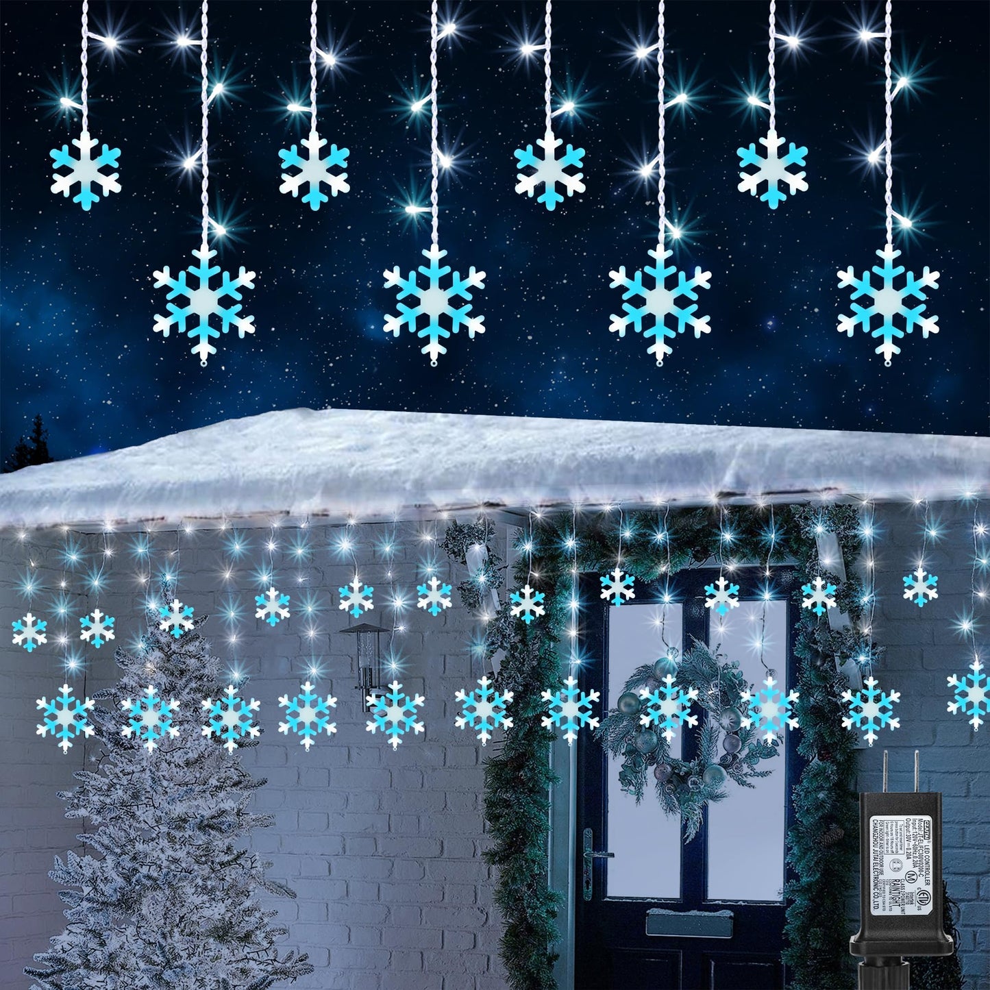 Christmas Snowflake Lights, 10.66ft 168 LED Icicle Lights Outdoor with 14 Drops, 8 Modes Waterproof Connectable Christmas Light for Eaves Wedding Garden Yard Indoor Xmas Decor (White & Icicle Blue)