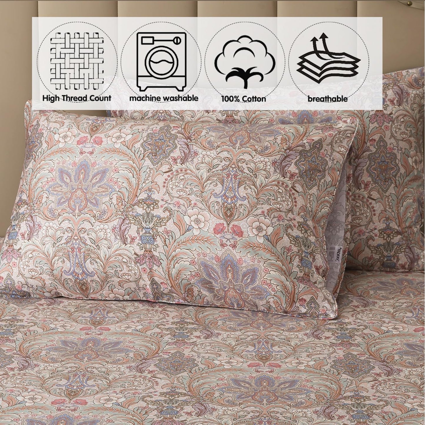 FADFAY Vintage Brown Paisley Queen Sheet Set, 4-Piece Long-Staple Cotton, Soft & Breathable, Deep Pocket Fitted Sheet for All Seasons