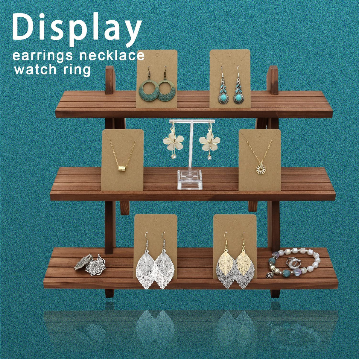 Auroal 51pcs 3-Tier Wood Earring Display Stand, Retail Display Riser Earring, Ring Holder Stand, Removable Countertop Small Merchandise Display Stand with 50 Pcs Earring Card (Light Brown)