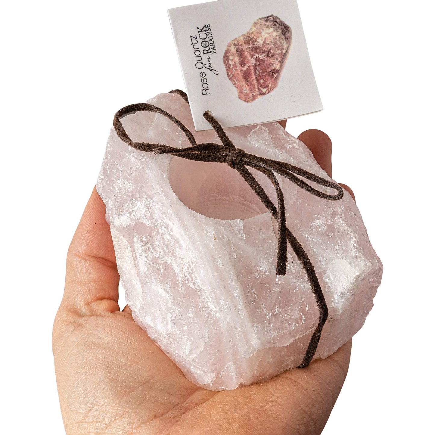 Rock Paradise Rose Quartz Rough Candle Holder – Natural Pink Crystal Tealight Holder for Home Decor – Hand Cut in Brazil – Includes Certificate of Authenticity