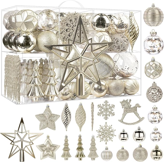 SHareconn 100pcs Christmas Tree Decorations Ornaments Set, Shatterproof Plastic Baubles Decorative Balls for Xmas Tree Decor Holiday Wedding Party, ChampagneGold