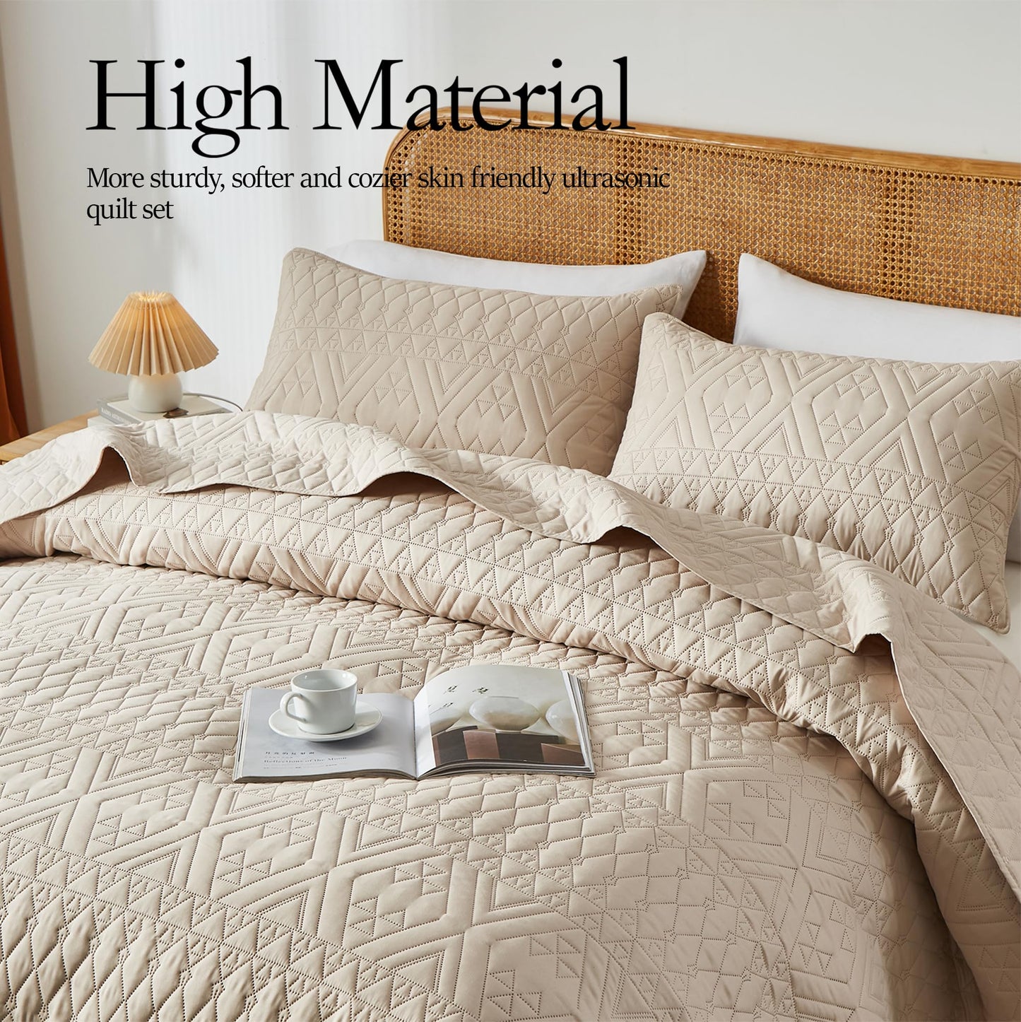 akkialla Full/Queen Size Quilt Bedding Set,Beige Lightweight Microfiber Soft Bedspread,Modern Style Geoetric Pattern Coverlet Set for All Seasons,3 Piece(1 Quilt,2 Pillow Shams)
