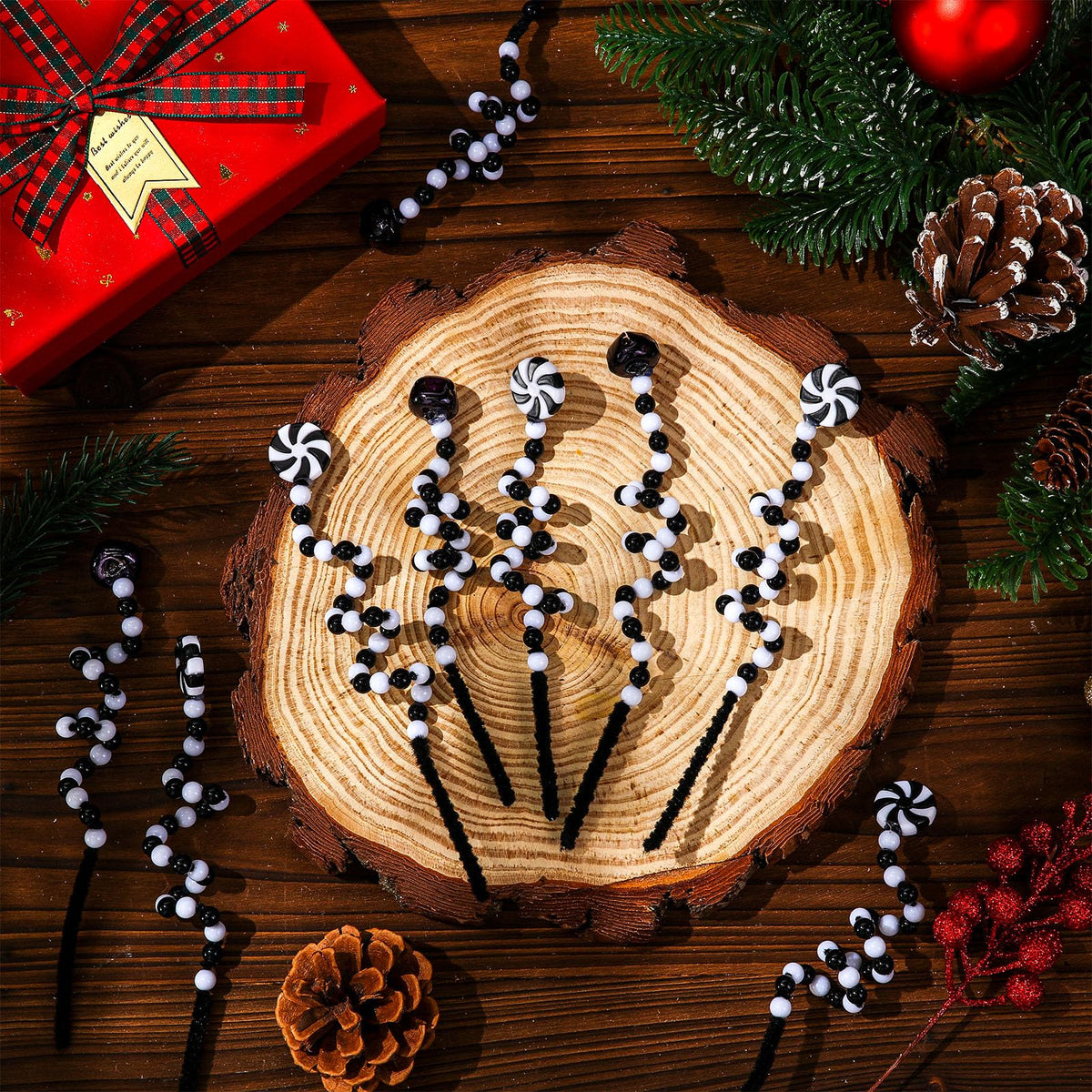 Tigeen 50 Pcs Christmas Candy Cane Pick White Black Christmas Tree Curly Pick Ornaments Xmas Candy Shape Tree Topper Decorations Home Office Crafts
