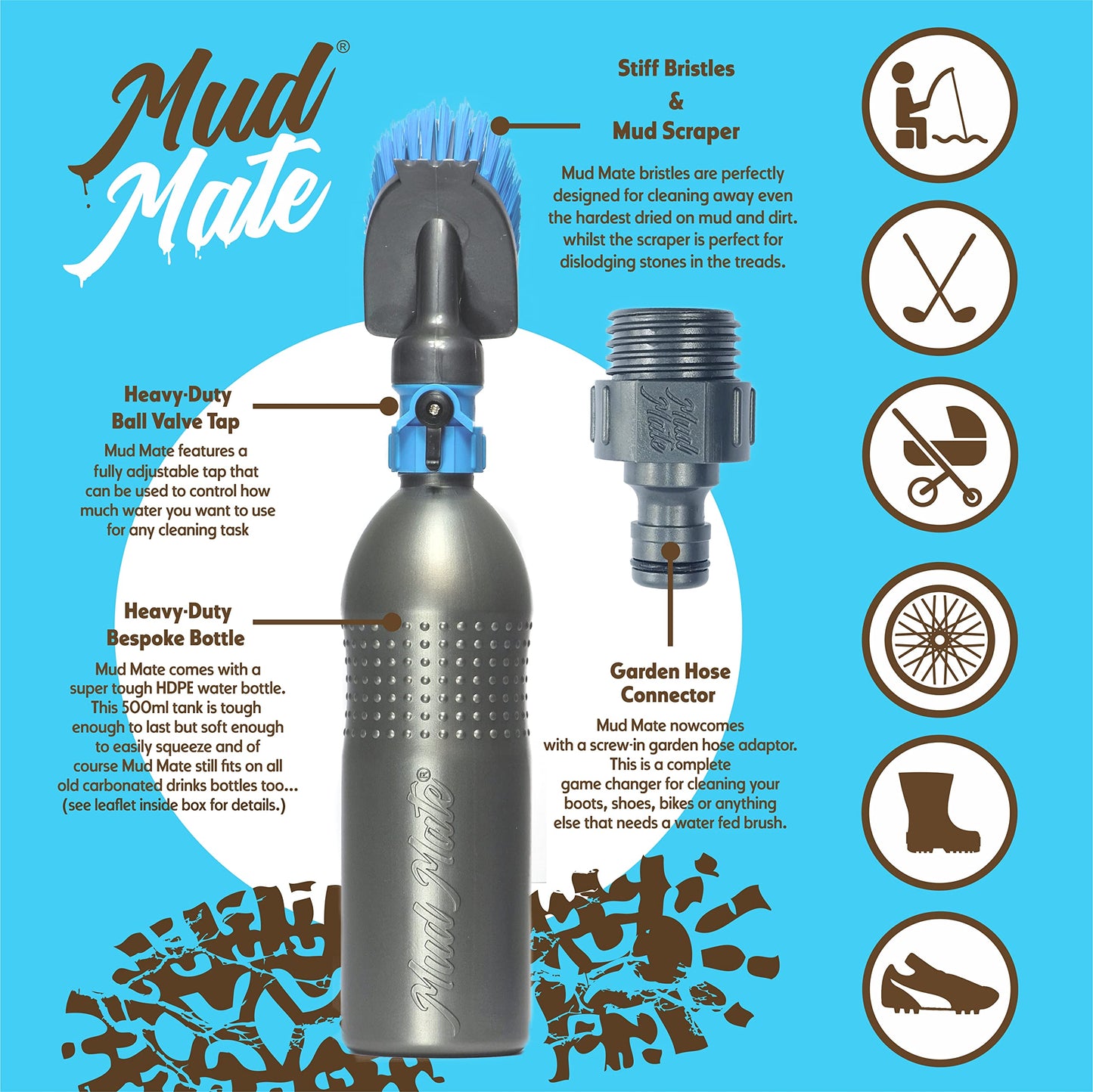 Mud Mate Boot and Shoe Cleaner Brush & Scraper - for Muddy Boots & Shoes - with Hose Connector & Portable Bottle - Clean Football Boots, Wellies, Walking Boots, Pushchair & Bike Wheels & Much More