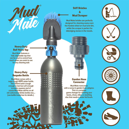 Mud Mate Boot and Shoe Cleaner Brush & Scraper - for Muddy Boots & Shoes - with Hose Connector & Portable Bottle - Clean Football Boots, Wellies, Walking Boots, Pushchair & Bike Wheels & Much More