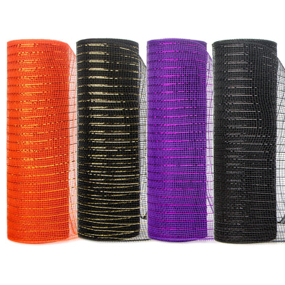 Ribbli 4 Rolls Halloween Metallic Mesh Ribbon,10 inch x 30 feet(10Yard) Each Roll,Halloween Ribbon for Wreath Swags-Orange/Black(Gold foil)/Purple/Black(Black foil