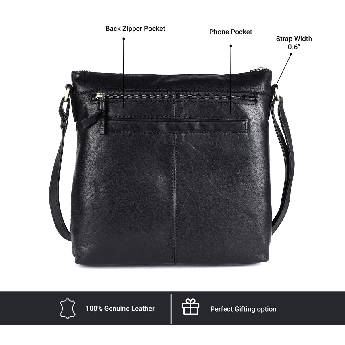 LEDERBUCK Olga Women's Extra-Large Genuine Leather Crossbody Purse – Soft Triple-Zip Shoulder Bag (Black)