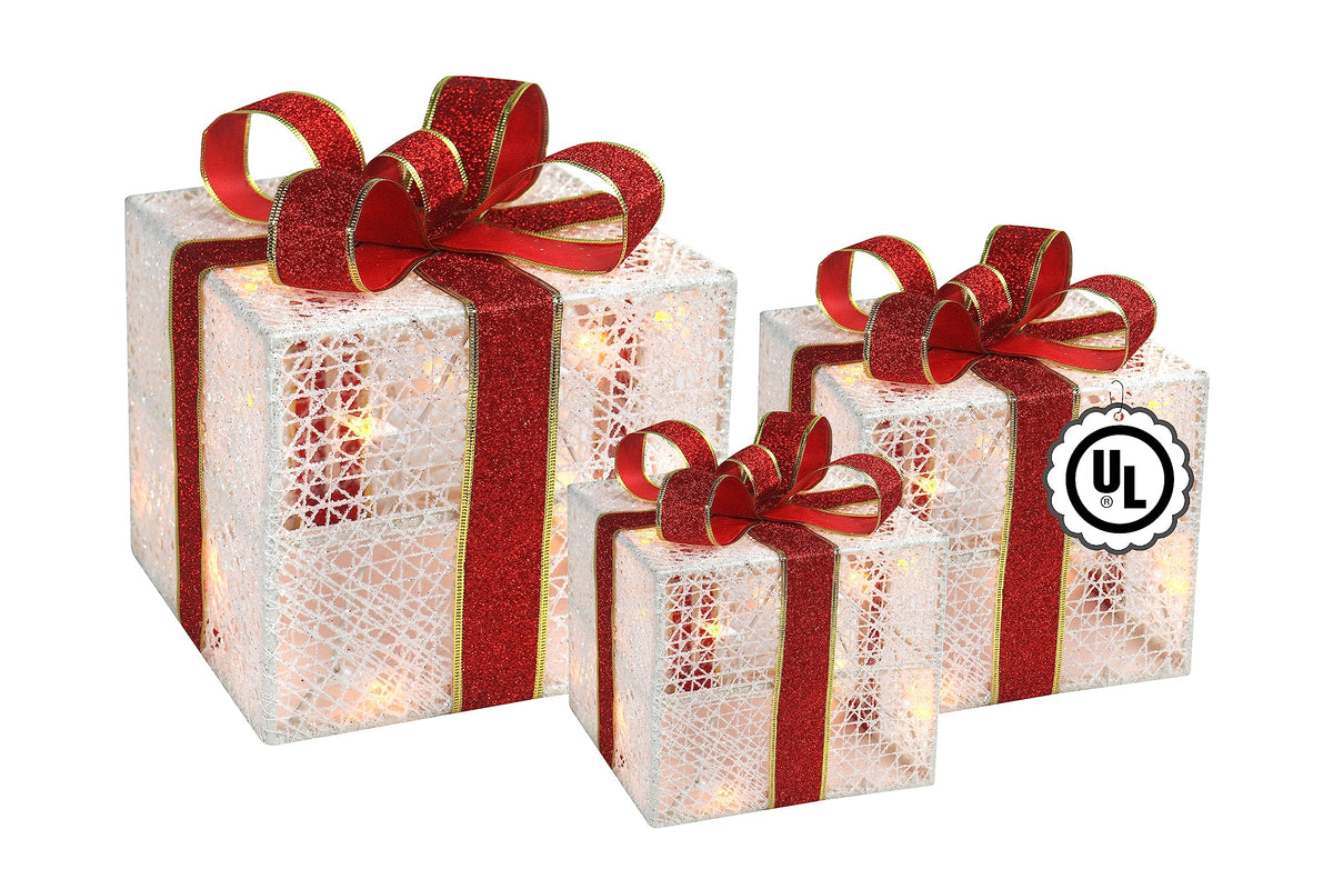 3-Piece Lighted Gift Boxes - Pre Lit Christmas Decoration with Ribbons for Indoor/Outdoor Use (8in) - Weather Resistant Yard Home Decor with Warm UL Lights