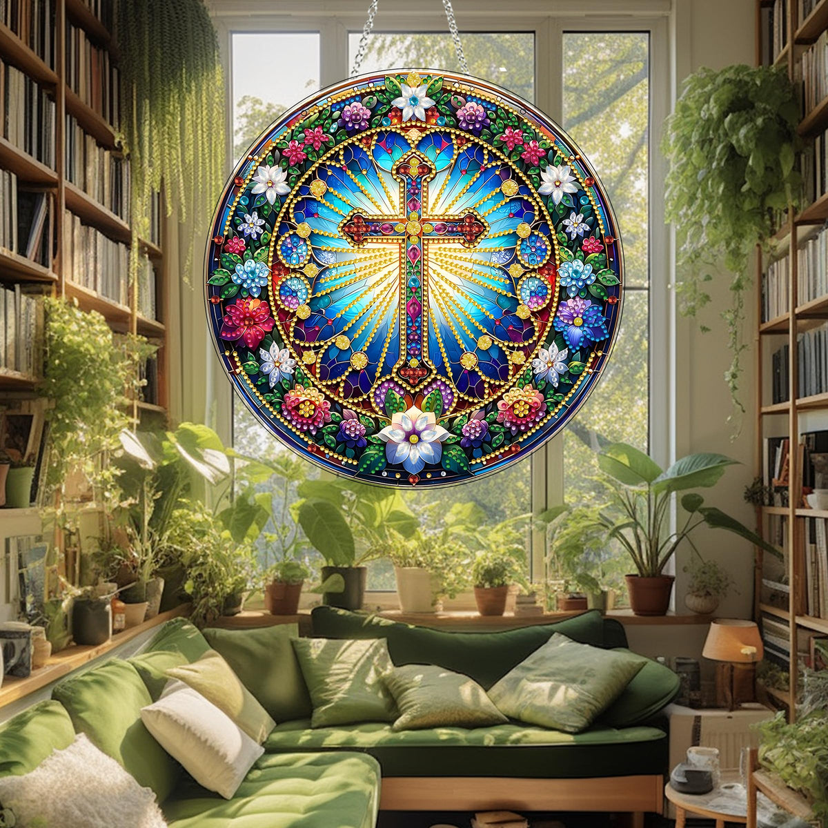 DIY Acrylic Diamond Art Painting Wreath Kits Special Shaped Rhinestone 5D Diamond Art Window Pendants Home Garden Wall Hanging Kits Hanging Ornament (Cross-2)