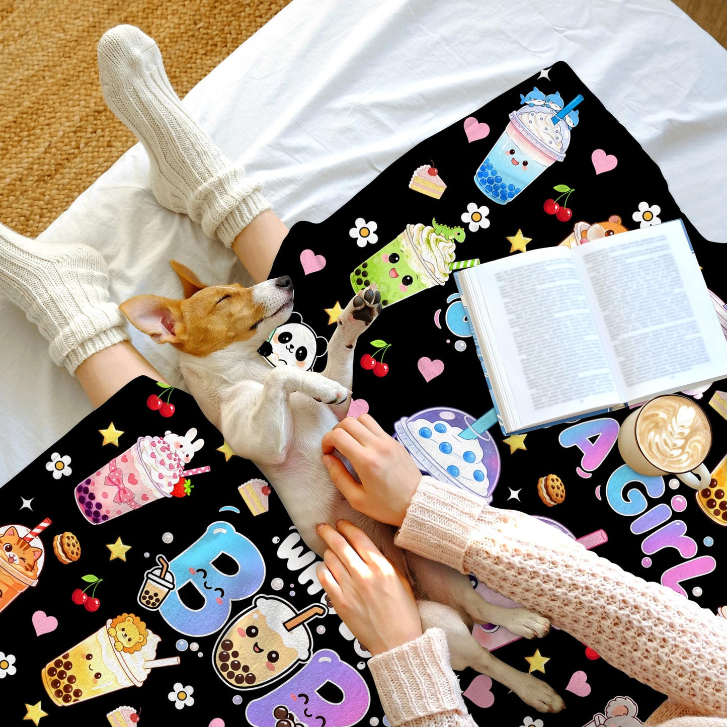 Boba Tea Blanket Soft Cozy Flannel Blanket Cute Bubble Tea Theme Blanket Bedding Decor Gifts for for Boba Lovers Girls Kids Women Adults 50"x40"