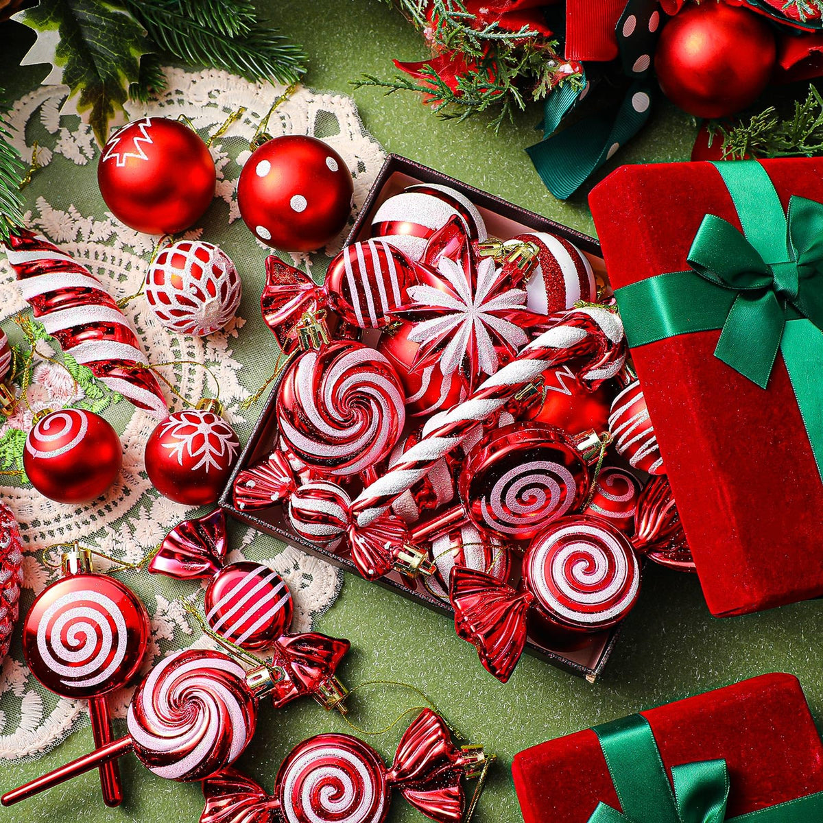 Knitgrip 50 Pcs Christmas Candy Cane Lollipop Ornaments Christmas Peppermint Candy Tree Balls Decorations with Rope Plastic Xmas Hanging Ornaments for Party Decor(Red, White)