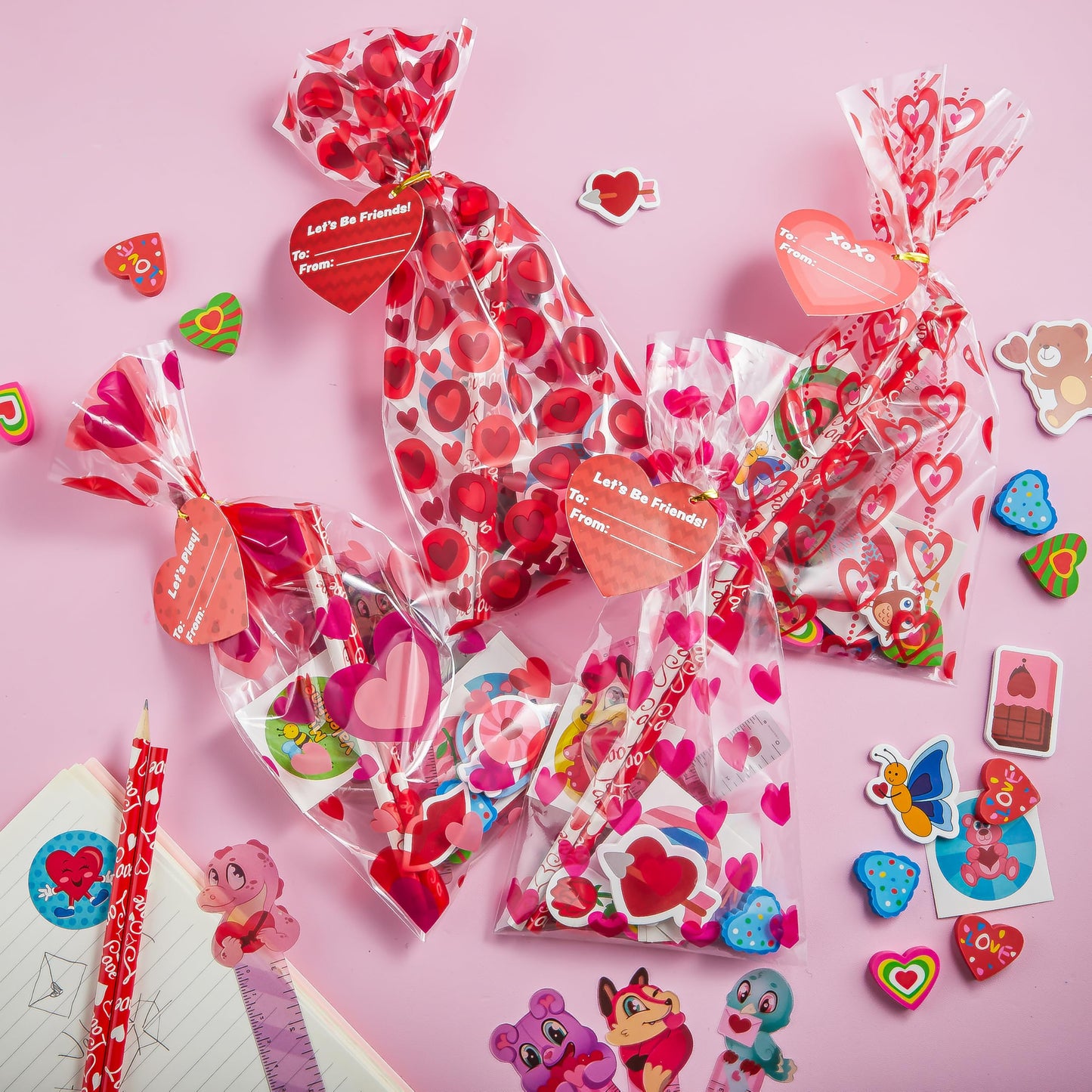 JOYIN 24packs Valentines Day Stationery Gifts, 96pcs Party Favor with Pencil, Erasers, Notebook & Bags for Kids School Classroom Exchange Supplies