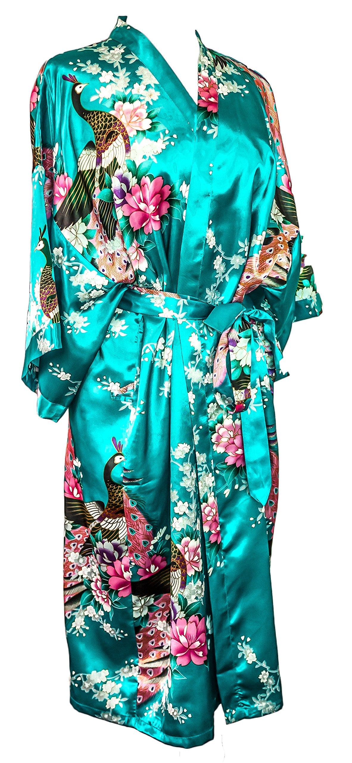 Kimono Robe Long 16 Colors Premium Peacock Bridesmaid Bridal Shower Womens Gift, 8 - 16 UK adult, Blue Turquoise