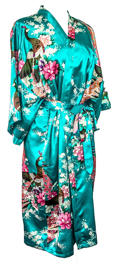 Kimono Robe Long 16 Colors Premium Peacock Bridesmaid Bridal Shower Womens Gift, 8 - 16 UK adult, Blue Turquoise
