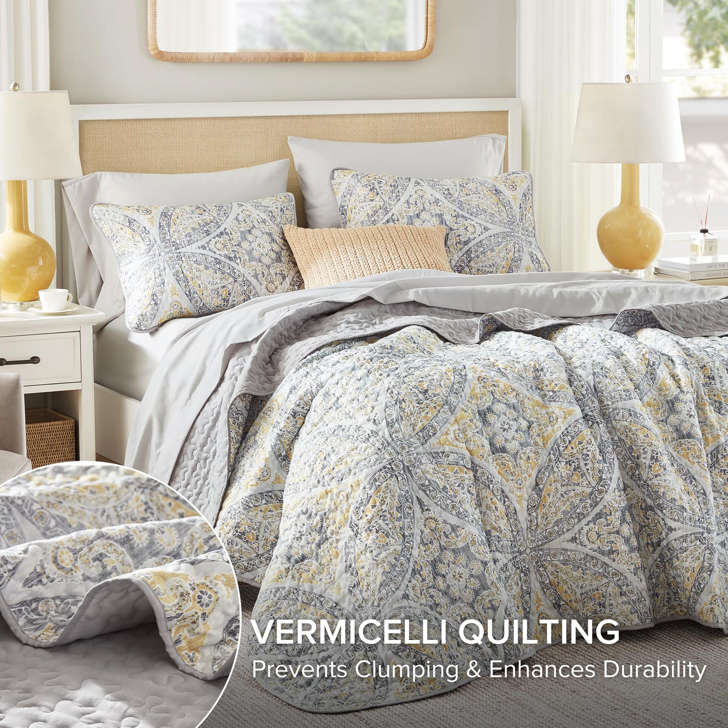 Comfort Spaces Boho Quilt Set Queen Reversible Vermicelli Quilting Queen Size Bed, All Season, Lightweight, Coverlet Winter Layer Bedding, Shams, Gloria, Full/Queen Grey/Yellow 3 Piece