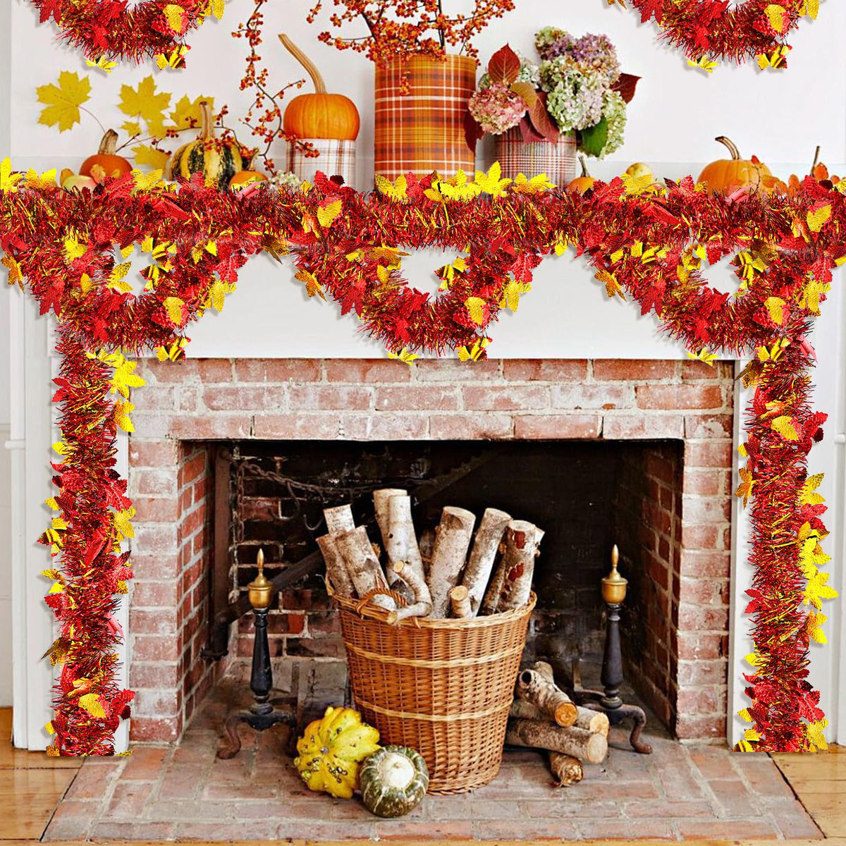 4 Strings Total 26.4 FT Thanksgiving Maple Leaf Tinsel Garlands – Each 6.6 FT Red Gold Metallic Fall Leaf Garland for Autumn, Harvest, and Thanksgiving Party Decorations