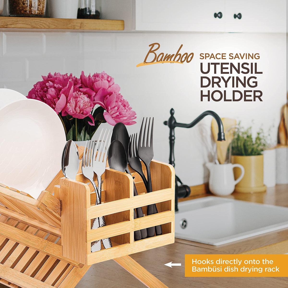 Bambüsi Bamboo Dish Drying Rack and Utensil Holder Set Bundle