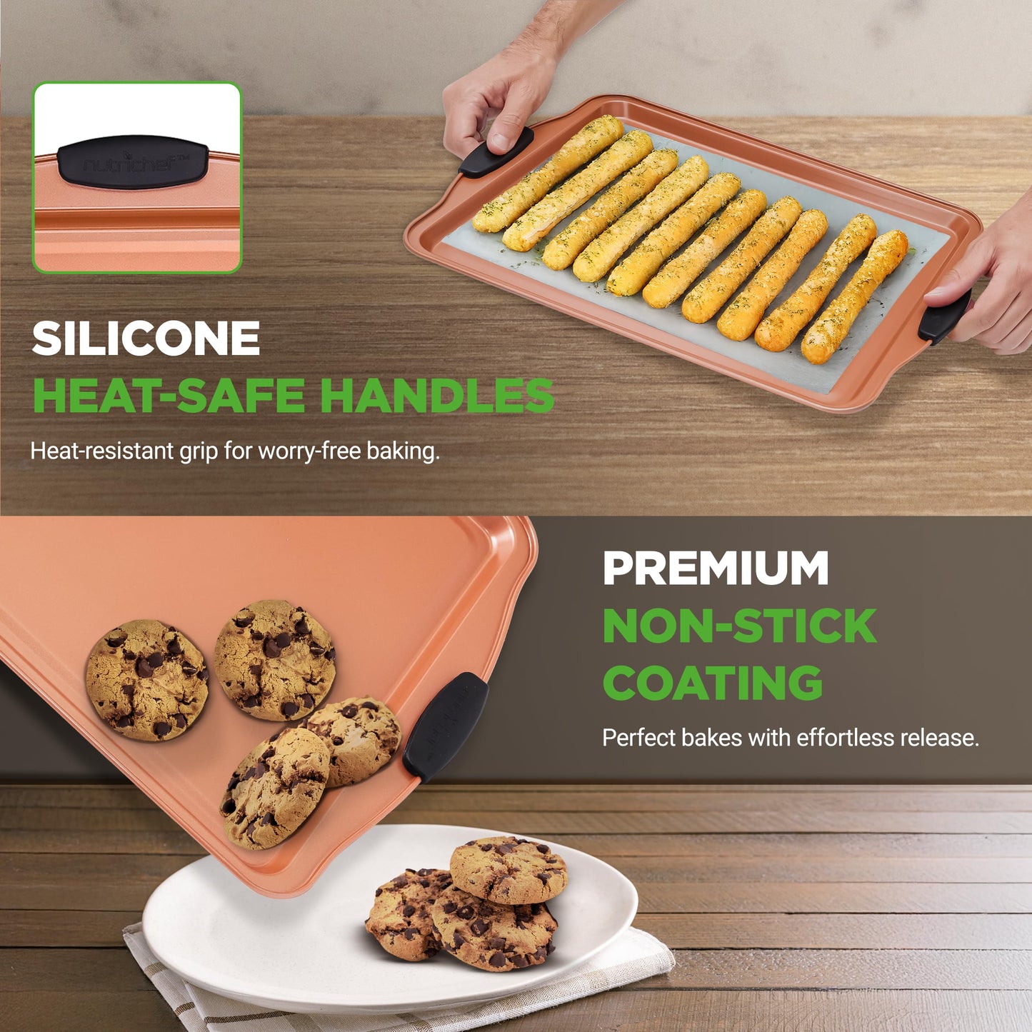 NutriChef Baking Tray Set, Oven Baking Pans, 3 Piece Non-Stick Kitchen Oven Trays, Stackable Carbon Steel Baking Set, Cookie Sheet, Copper Metal Bakeware w/Black Silicone Handles, 3Pc