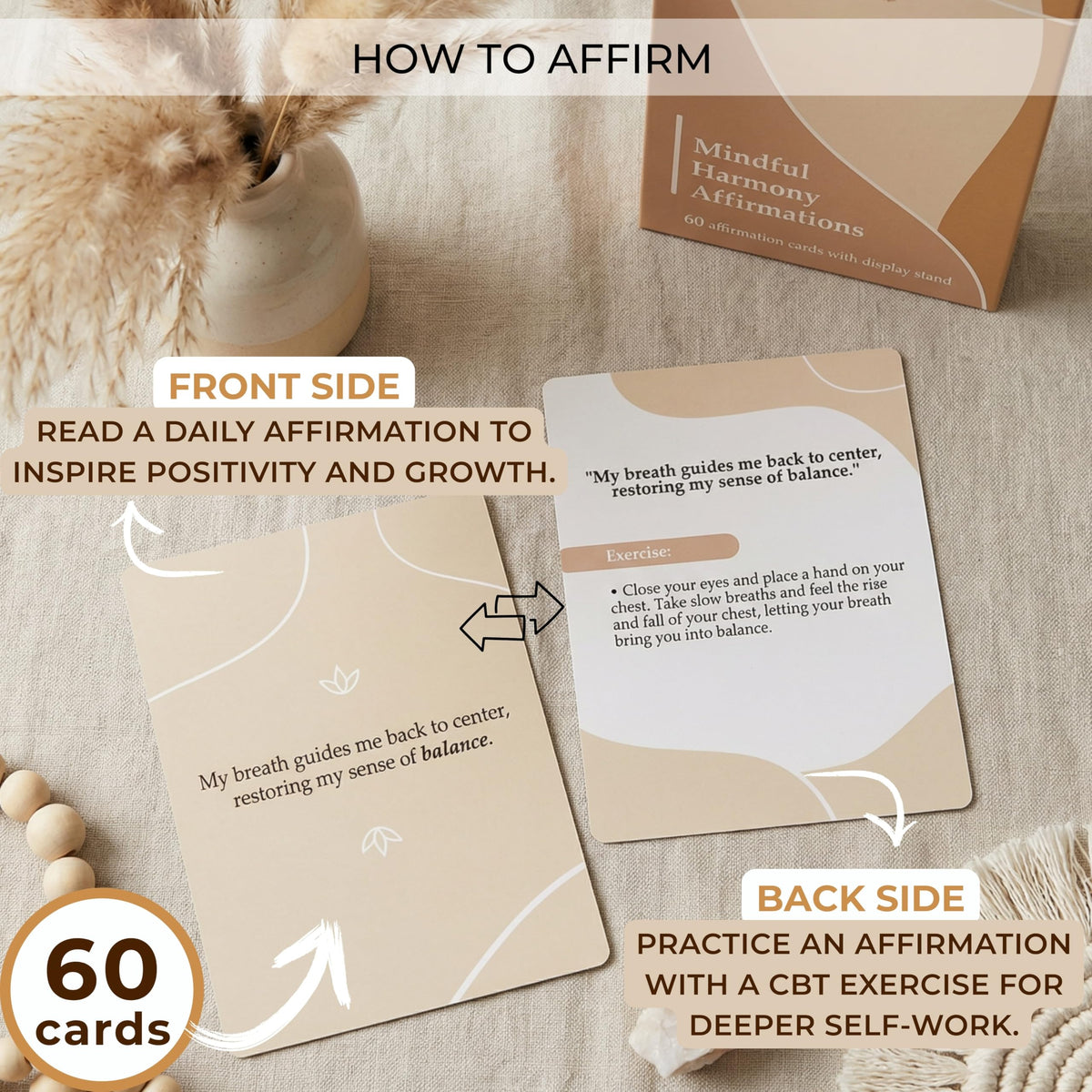 Mindful 60 Positive Affirmation Cards for Women with 10 Inspirational Tokens, 2 Rings & Display Stand, Daily Affirmations for Inspiration & Self Care, Unique Gift Cards for Women and Men