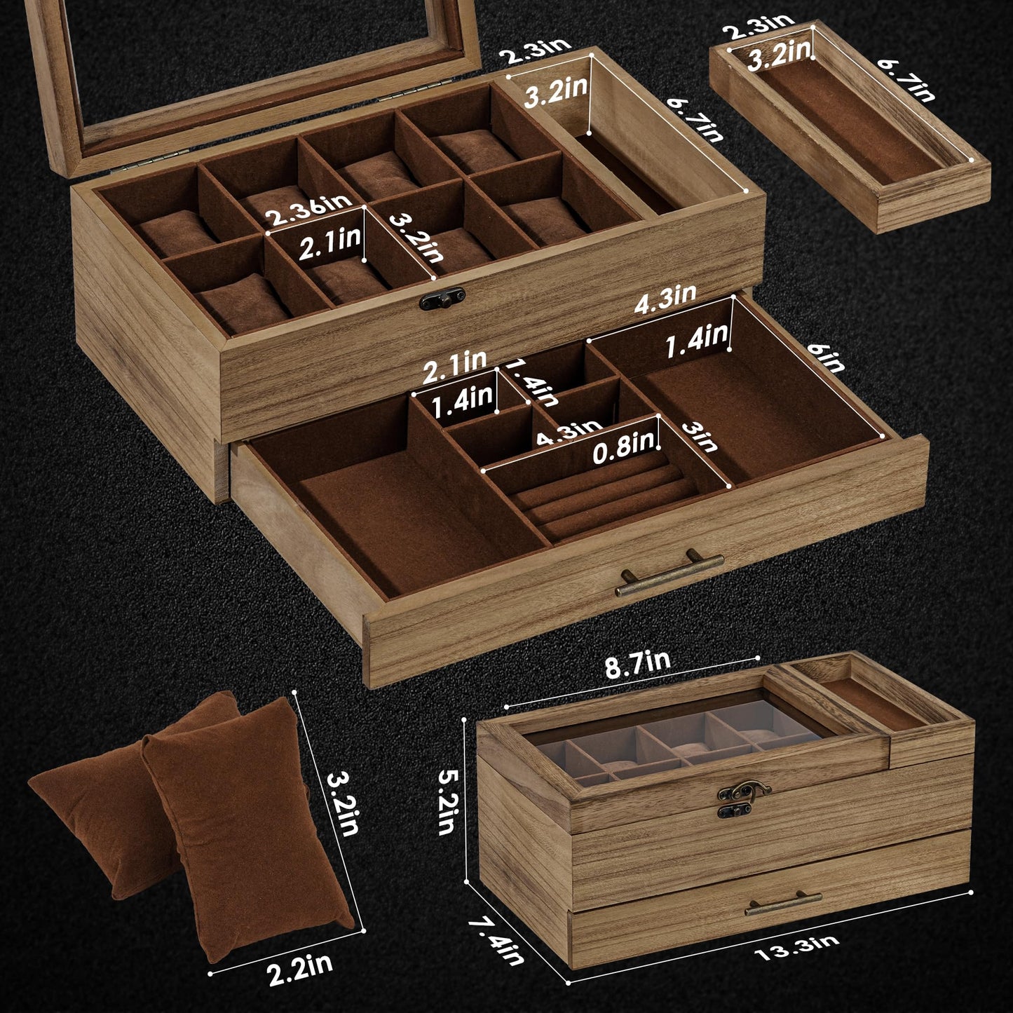 GALHUBIS Watch Box with Tray, 2-Tier Watch Case for Large Dial Watches, 8-Slot Watch Display Case with Lid, Removable Watch Pillows, Drawer, Gifts for Men Women, Watch Organizer, Jewelry Box, Walnut