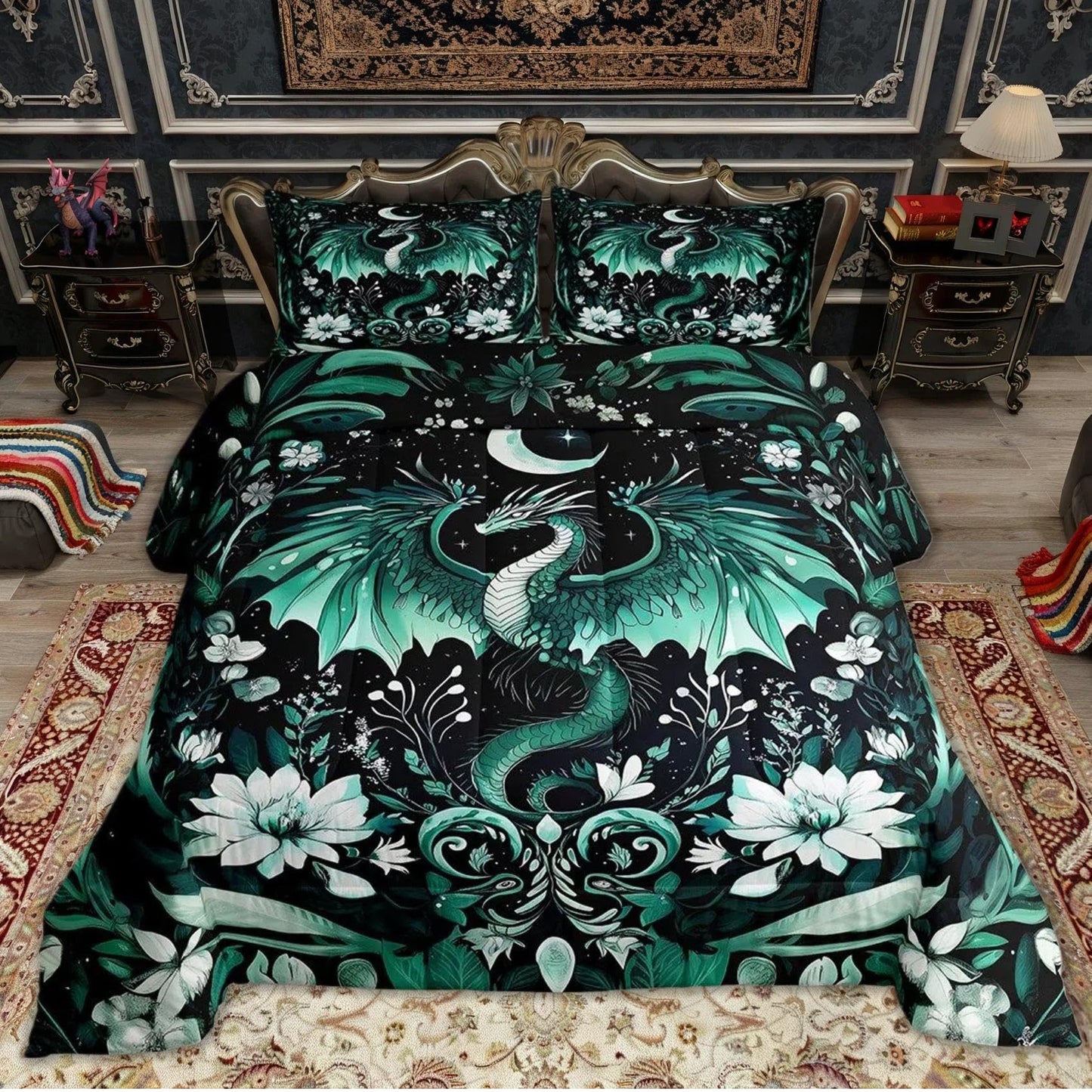 Feelyou Kids Dragon Comforter Set Full Size, Green Dragon Bedding Set Dragon Lovers Comforter for Kids Boys Girls Boho Duvet Insert Room Decor 3Pcs