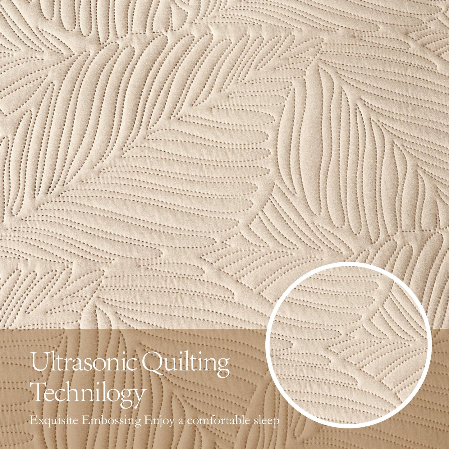 OARAGE Queen Quilt Bedding Set Soft Lightweight Beige Bedspread with Leaf Pattern,Ultrasonic Microfiber Bed Coverlet Full Size for All Season (1 Quilt, 2 Shams)