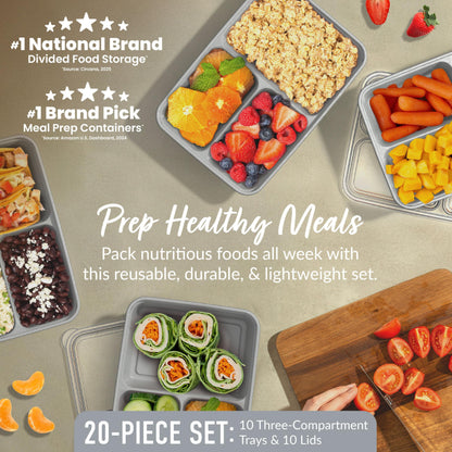 Bentgo Prep - 20-Piece 3-Compartment Reusable Meal Prep Containers with Lids, PFAS & BPA Free Materials, Durable, Microwave, Freezer, & Dishwasher Safe To Go Food Storage (Silver)