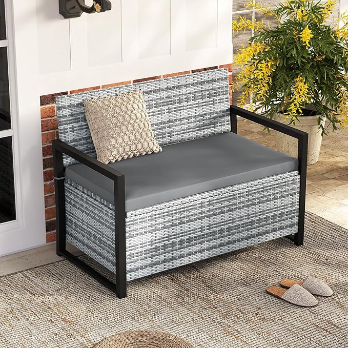 Tangkula 40 Gallon Outdoor Bench with Storage, Patio Wicker Storage Bench with Cushion, Cover, Metal Frame, Deck Box Seat for Backyard, Poolside, Balcony, Garden