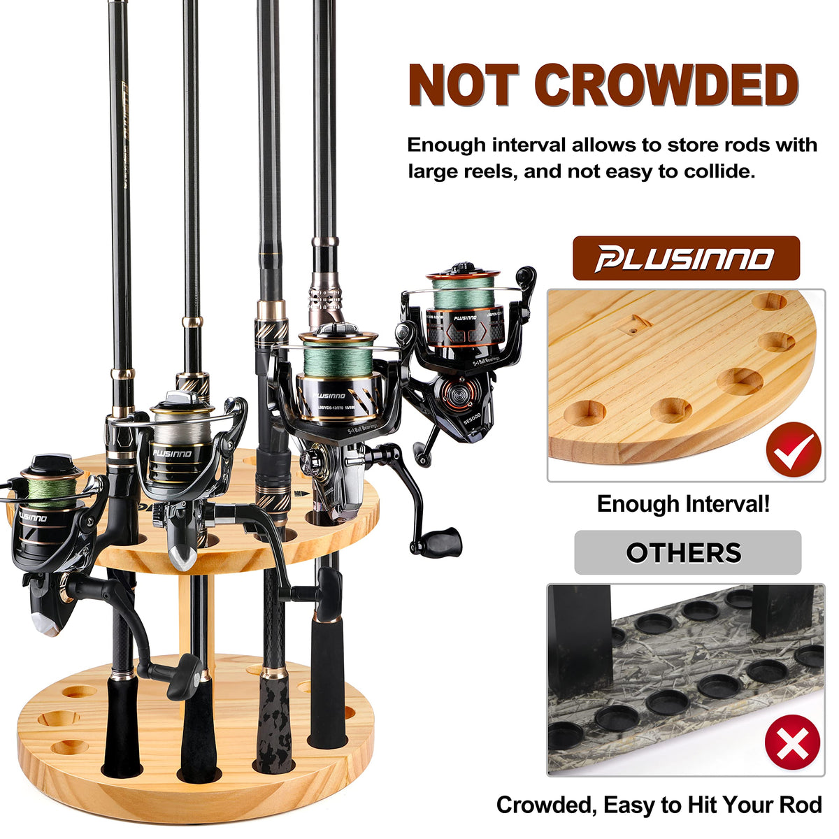 PLUSINNO 2PACK V12 Fishing Rod Holders for Garage, Vertical Fishing Pole Holders Wooden Round Floor Stand, Fishing Rod Rack Holds up to 24 Rods or Fishing Nets Storage Organizer Racks