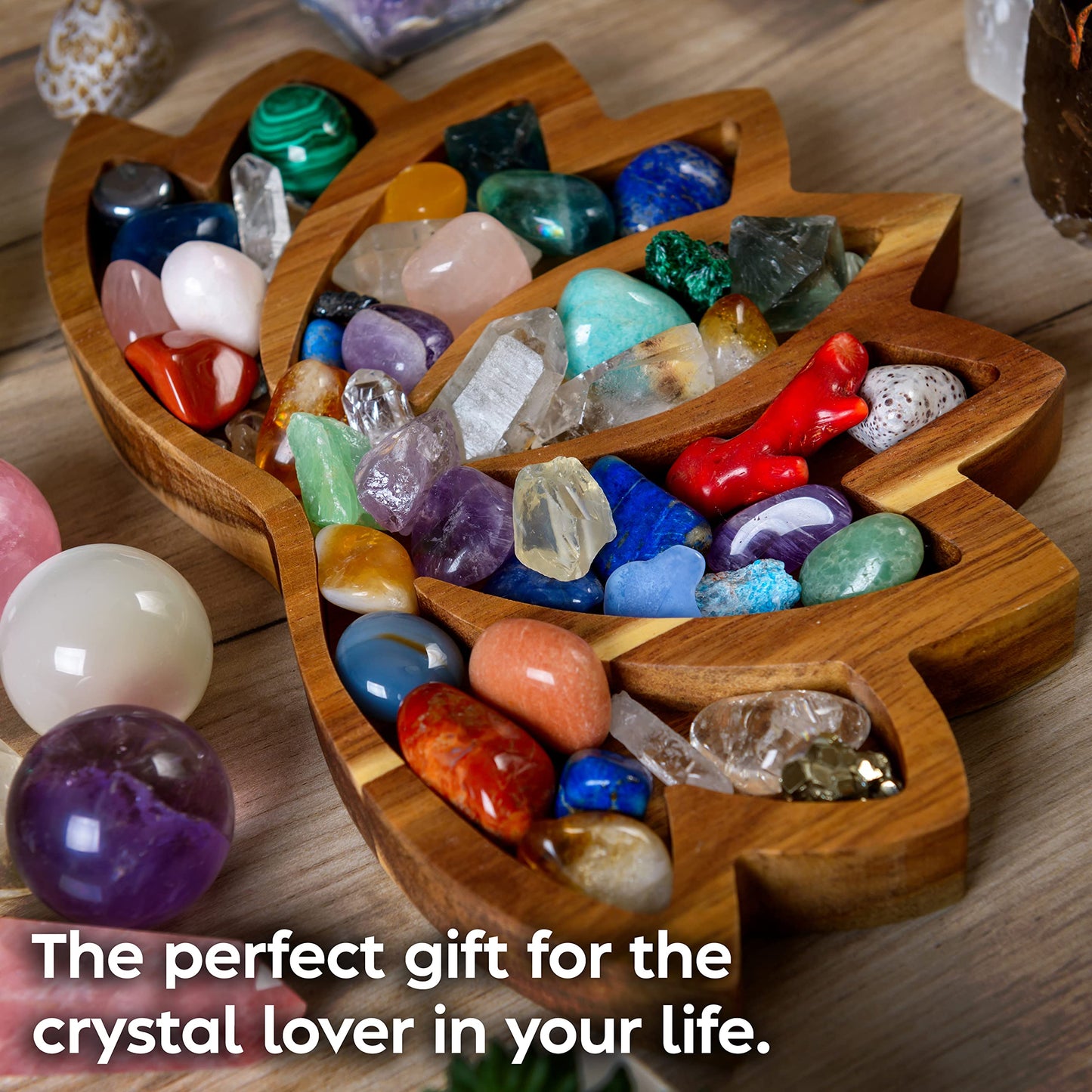 Curawood Lotus Crystal Display Tray - Showcase Your Gems, Healing Stones & Treasures - 11"x7" Wooden Rock Bowl, Crystal Holder for Stones Display Shelf, Gemstone Rock Holder Charging Bowl (Horizon)