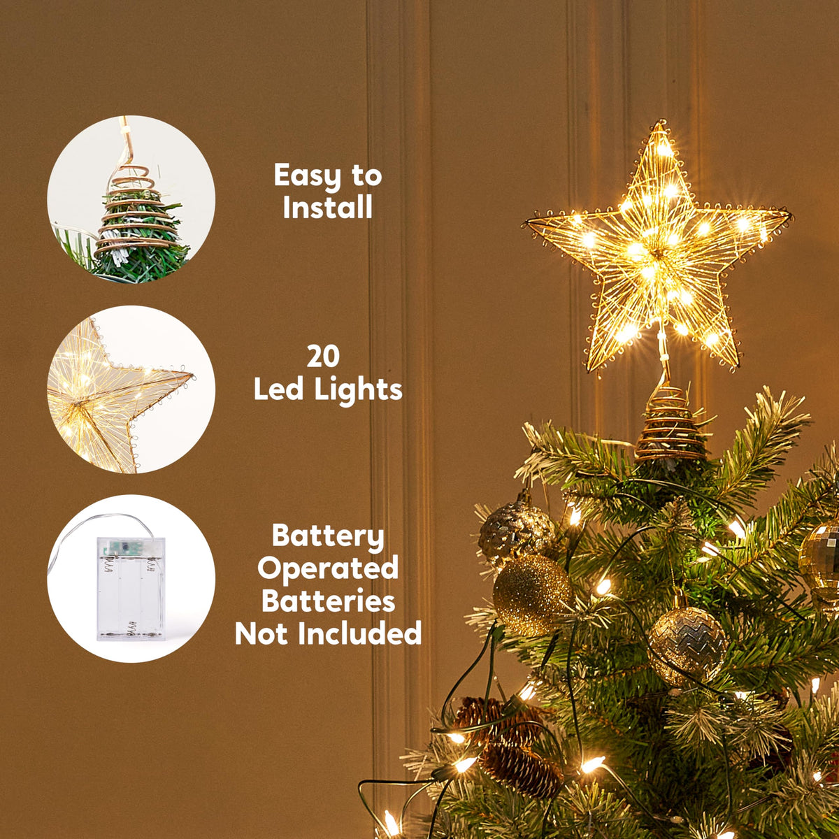 Joiedomi Christmas Tree Toppers 8" Gold Metal Star Decor with Battery Powered Treetop Ornaments with Warm White LED Lights for Xmas Holiday Party Indoor Decorations