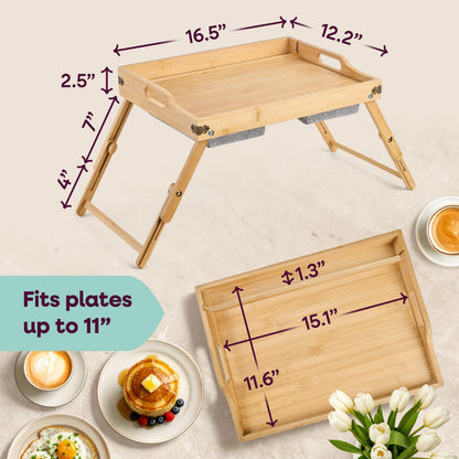 Breakfast in Bed Tray Lap Desk | Ergonomic Bamboo Bed Table Tray for Work, Rest | Comfortable Bed Desk w/Foldable Legs, Phone Holder, Cushions, Anti-Spill Edges | Adjustable Laptop Table/Lap Tray