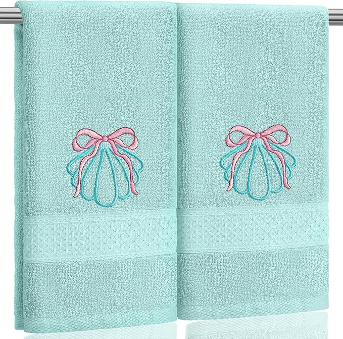 2 Pcs Shell Hand Towels Mint Blue Bathroom Decor 14x29 Inch Embroidered 100%