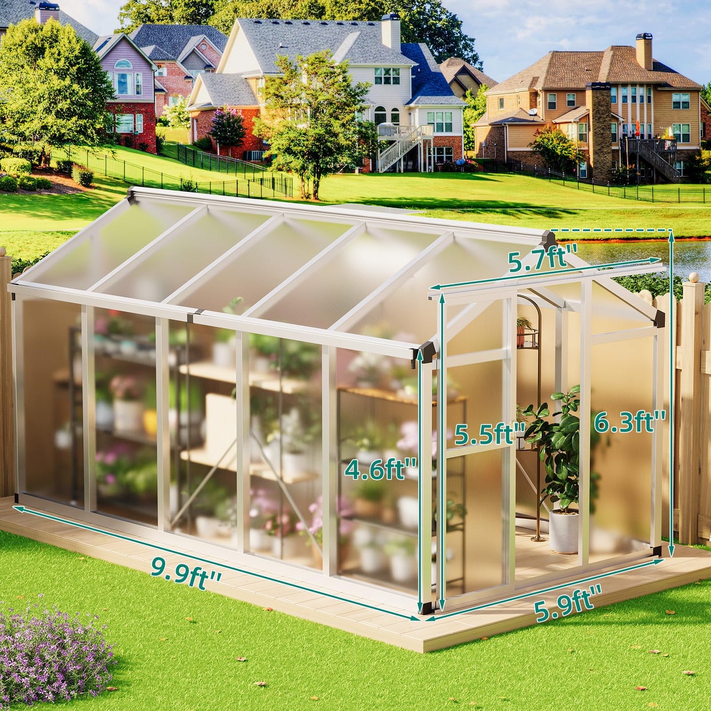 6x10 FT Greenhouse - Large Aluminum Greenhouses for Outdoors, Heavy Duty Polycarbonate Greenhouse with Roof Vent&Ground Nails, Walk-in Green Houses for Garden, Backyard, Patio, Easy Assembly