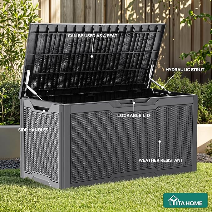 YITAHOME 100 Gallon Resin Deck Box, Weather Resistant Outdoor Storage Box, Lockable Indoor Outdoor Storage for Supplies and Essentials, Dark Gray