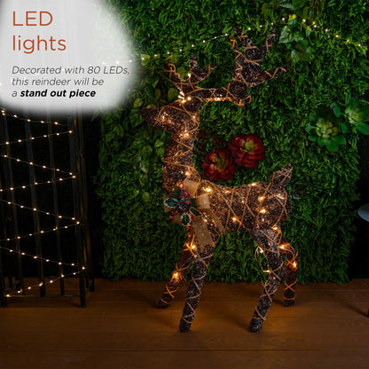 Alpine Corporation 48" Tall Outdoor Rattan Twig Grazing Reindeer Christmas Yard Decor with 80 Warm White LED Lights, Brown