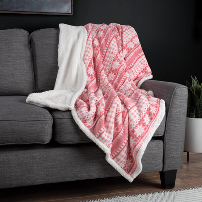 Lavish Home Reversible Fleece Blanket - 50x60-Inch Machine-Washable Sherpa Throw with Snowflakes - Cozy Blanket for Couch, Chair, or Bed (Pink)