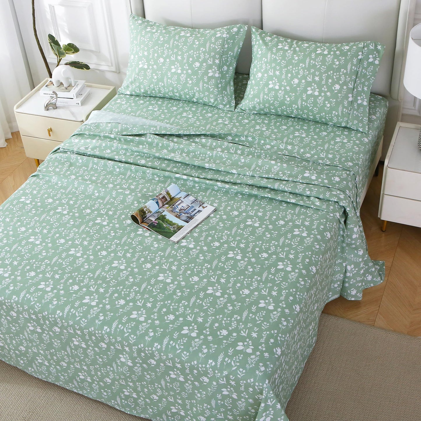 Viviland Sage Green Full Sheet Set - 4 Piece Vintage Green Flower Patterned Bed Sheets - Soft, Breathable Microfiber Floral Sheets with Deep Pocket, Non-Slip Fitted Sheets & Pillowcases