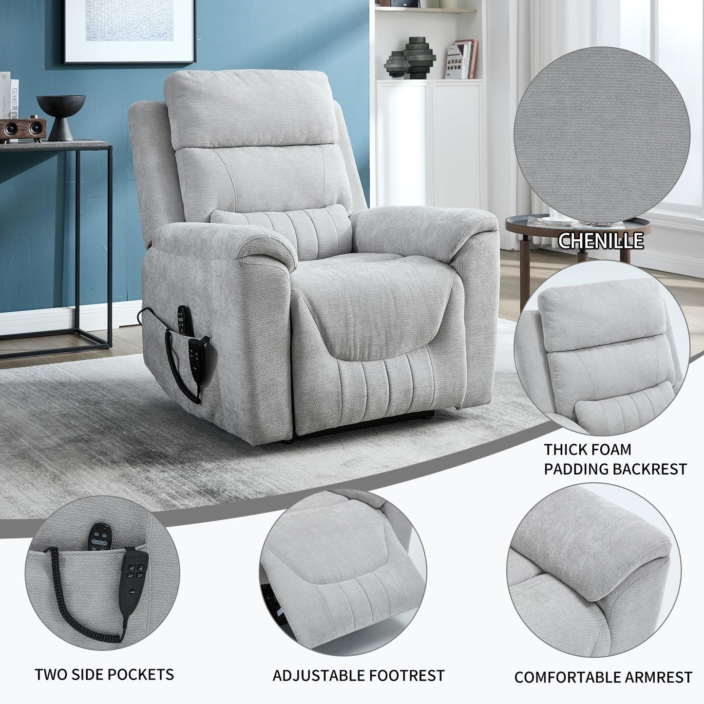 KEIKI Oversized Dual Motor Power Lift Recliner Chair for Elderly, Chenille Upholstery Breathable Rocking Chair with Back Massager and Heated, Senior Daily Relaxation and Home Comfort Seat, Grey