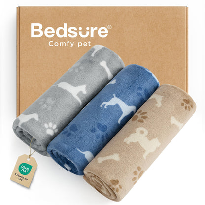 Bedsure 1 Pack 3 Pet Blankets, Super Soft Fluffy Premium Fleece Flannel Portable Throw Dog Blankets for Small Dogs, Printed Cat Puppy Blanket Grey/Brown/Blue Small(20x30 inch)