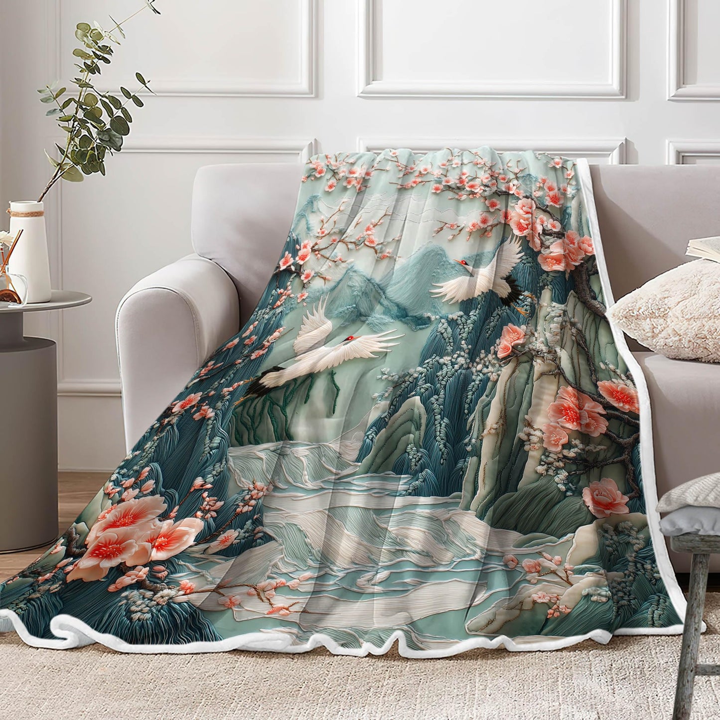 DYNH Asian Nature Landscape Crane Throw Blanket,Cherry Blossom Mountain Floral Bird Blanket for Adult Women Girls Teens, Asian Anime Plush Cozy Fuzzy Travel Blankets for Couch Bed,Multi1,50X60