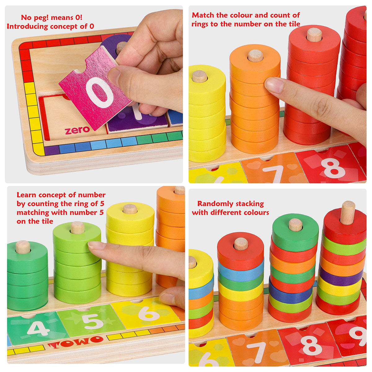 TOWO Wooden Stacking Rings and Counting Games with 45 Rings Number Blocks- Counting Ring Stacker-Wooden Sorting Counting Toy for 3 Years Old Kids Maths Learning Montessori Materials