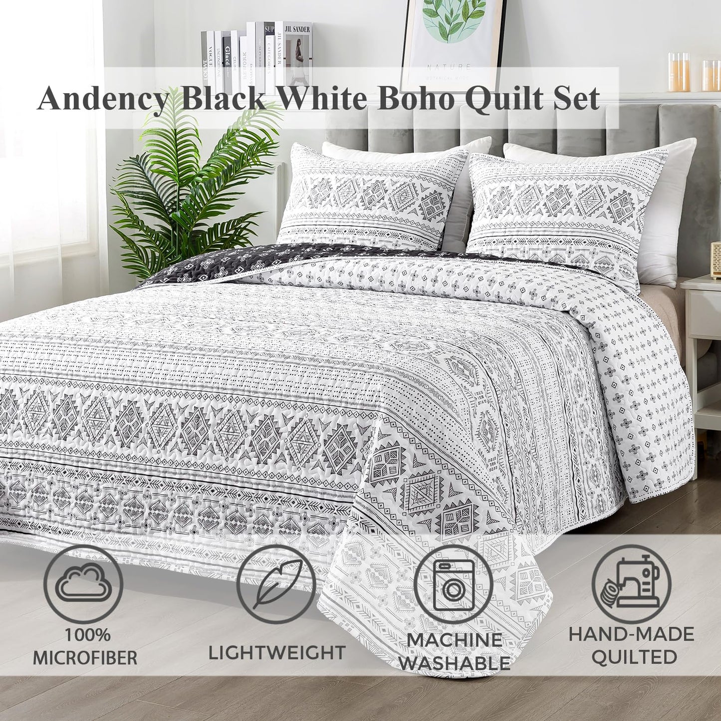 Andency Black White California King Quilt Set, 3 Pieces Boho Lightweight Soft Striped Cal King Bedspread for All Season (112"x104"), Printed Bohemian Polyester Reversible Coverlet Comforter Sets