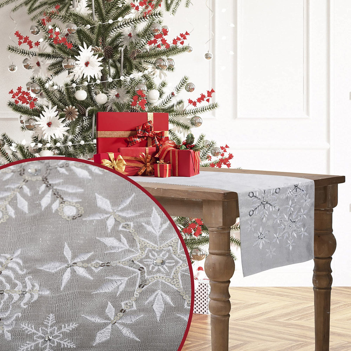 OWENIE Christmas Table Runner, Snowflake Silver Grey Table Runners, Xmas Holiday Tabletop Decor, Embroidery Table Centerpieces with Sequins and Diamonds, Glittering Winter Home Decorations, 14X70 Inch