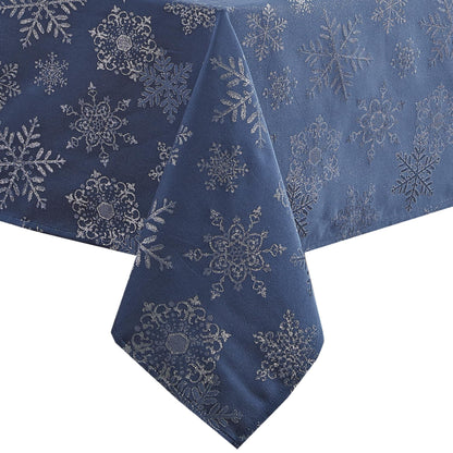 Newbridge Fancy Metallic Snowflake Christmas Fabric Tablecloth, 60 x 84 Inch Rectangle, Navy Silver, No-Iron Soil Resistant Sparkling Snowflakes Woven Holiday Table Cover