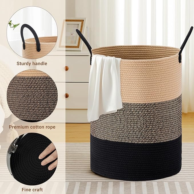 Tall Laundry Basket with Handles, 100L Portable Dirty Clothes Hamper, Boho