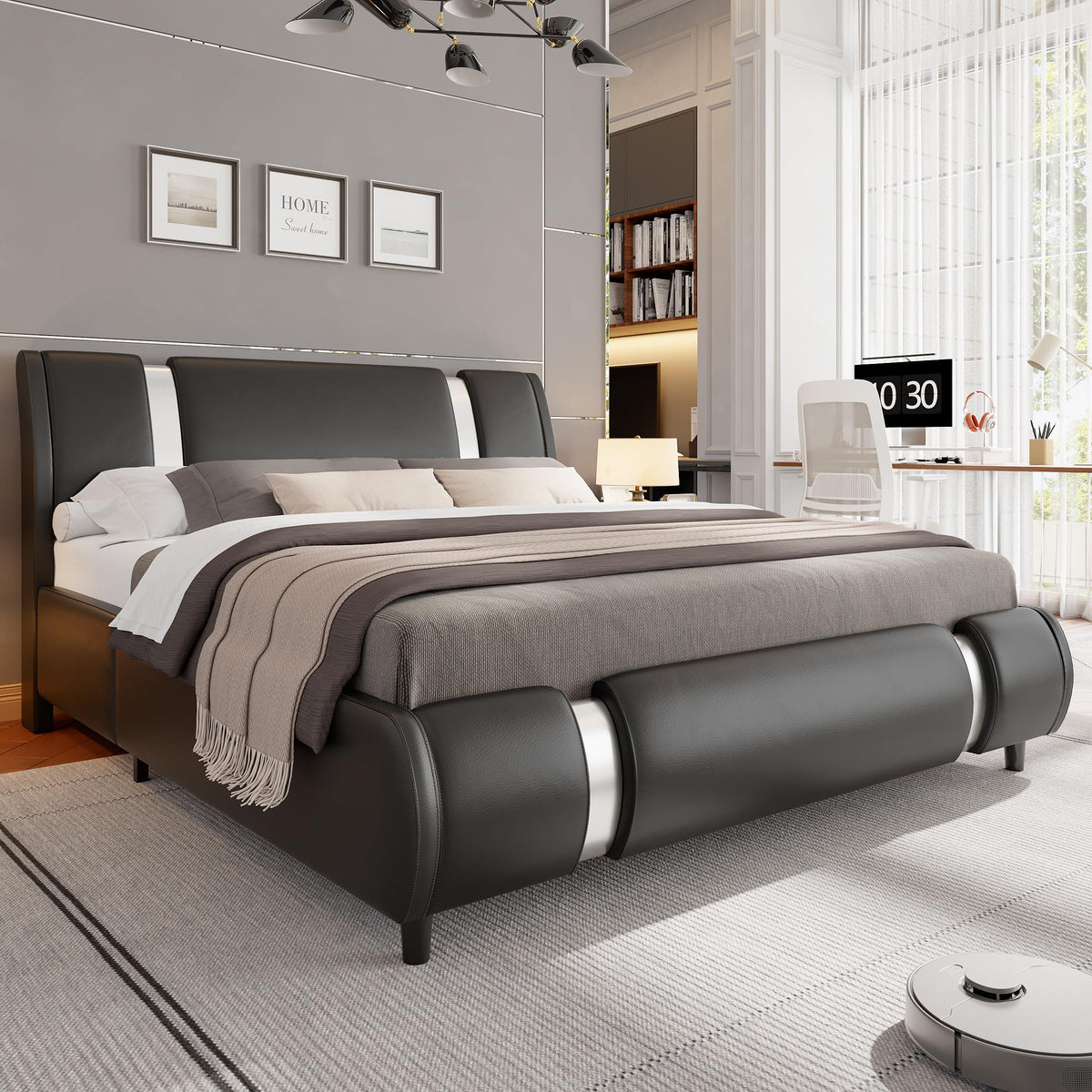 Keyluv Modern Queen Size Bed Frame with Mirror Metal Decoration, Faux Leather Upholstered Platform Bed with Curved Headboard, Wooden Slats Support, No Box Spring Needed, Black