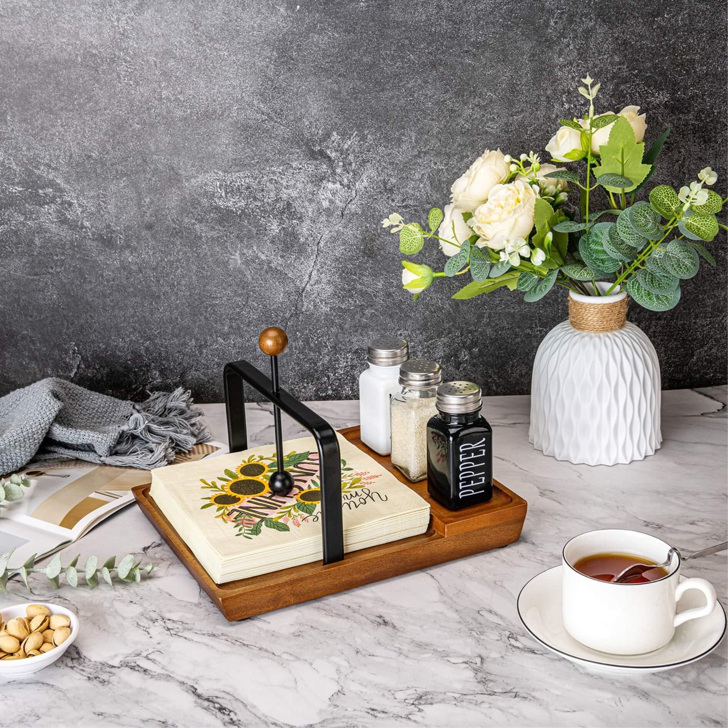 Black Wooden Napkin Holder, Multifunctional Farmhouse Napkin Holder for Table, Kitchen, Outdoor Use, Includes Space for Salt and Pepper Shakers (Seasoning Jar Not Included)