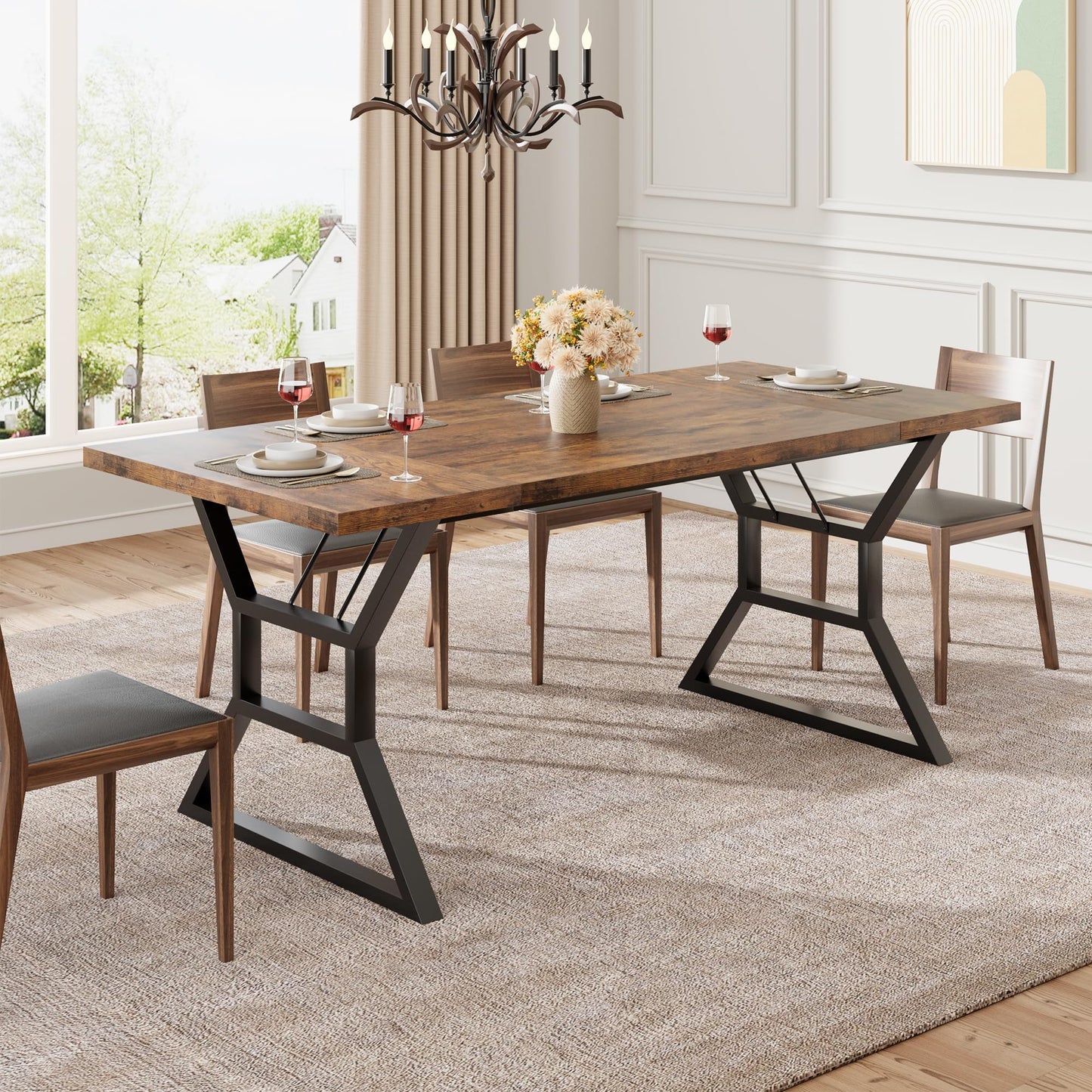 Industrial 71'' Farmhouse Dining Table for 6-8 People - Rustic Distressed Wood Kitchen Table with Black Metal Geometric Base Legs, Large Rectangular Conference Desk for Living Room, Home Office